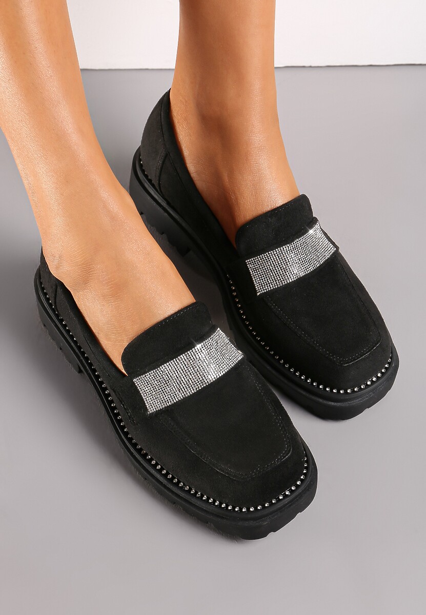 Czarne Mokasyny na Platformie z Błyszczącymi Cyrkoniami Araunaia