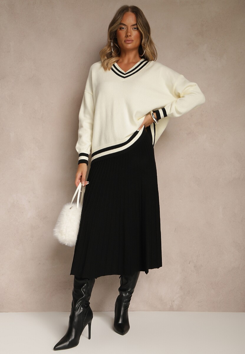 Czarna Dzianinowa Spódnica z Kaszmirem o Rozkloszowanym Kroju z Plisami Yopalie