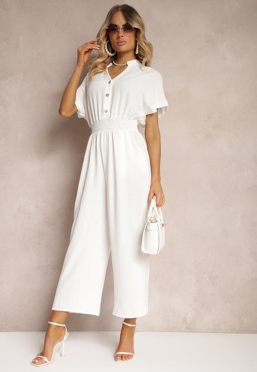 Biały Taliowany Kombinezon z Wiskozy Zapinany na Guziki Frisea
