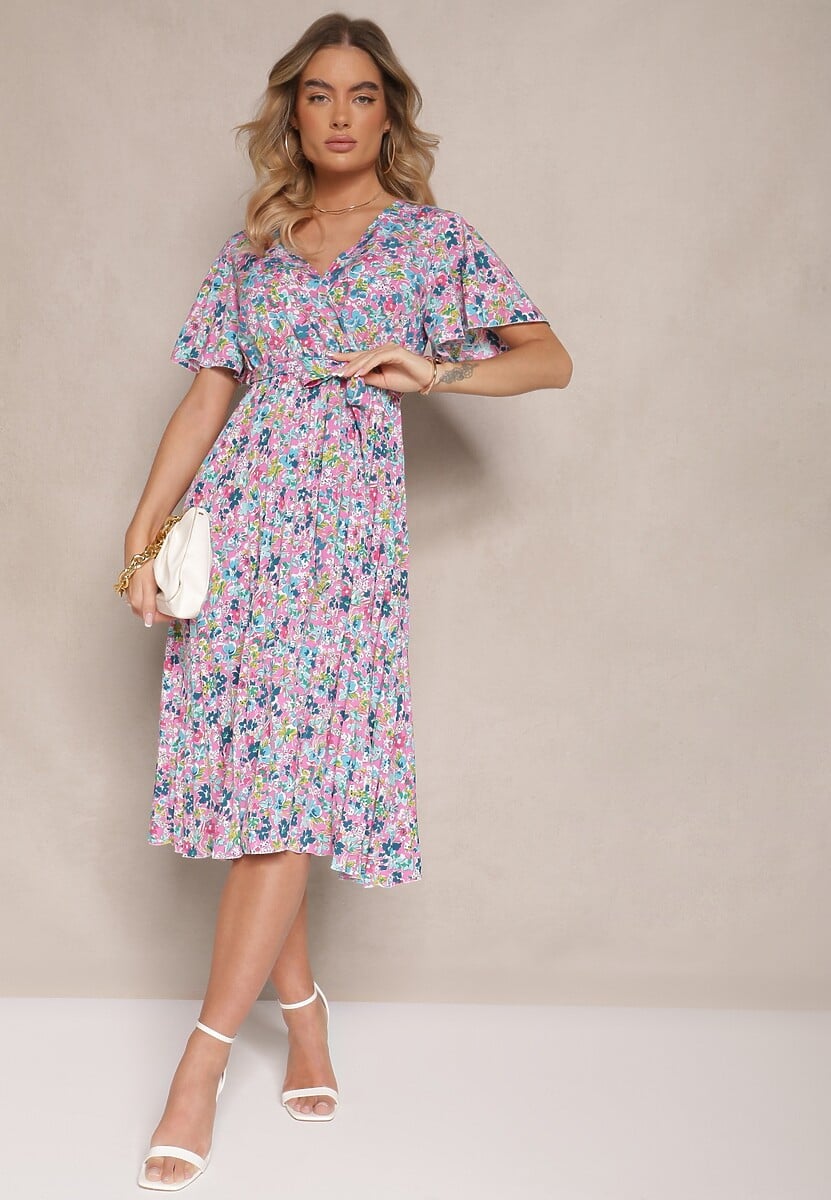 Różowa Sukienka z Plisami w Kwiecisty Print o Rozkloszowanym Kroju Lanelin