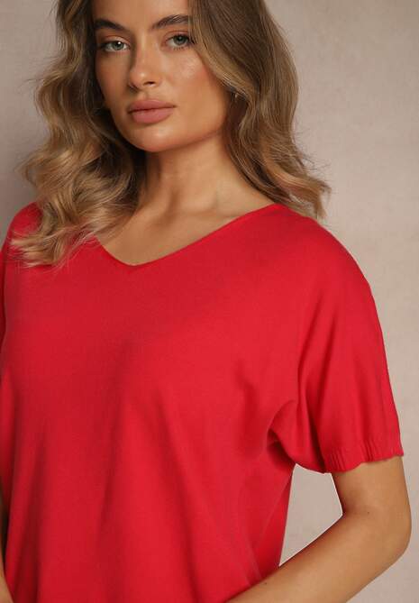 Czerwona Bluzka z Dzianiny z Dekoltem w Serek Fenalise