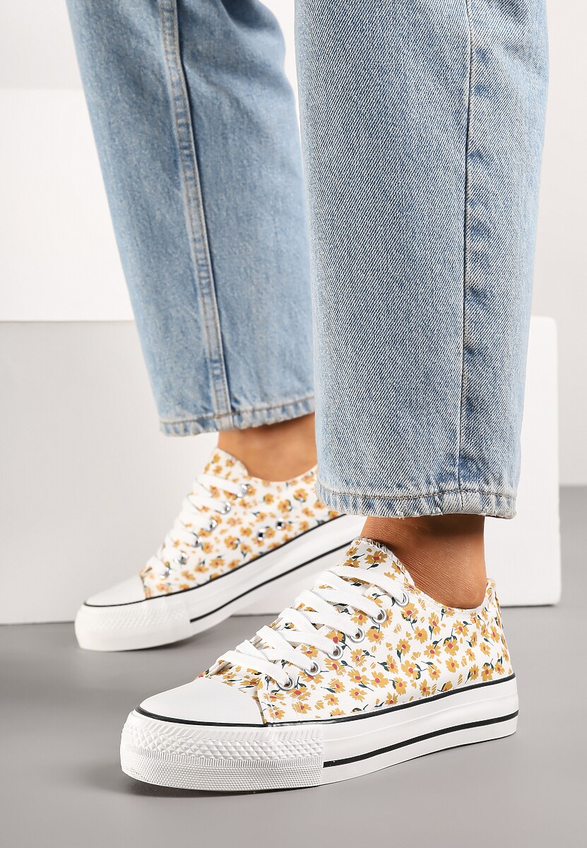 Żółte Casualowe Trampki w Kwiatki Foleriella