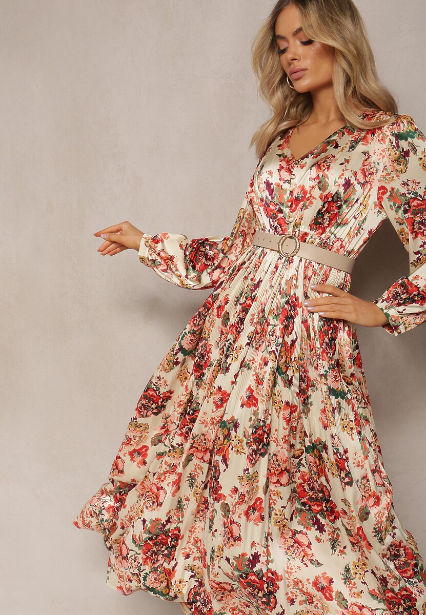 Beżowo-Różowa Rozkloszowana Sukienka Długa z Plisami w Kwiatowy Print Toada