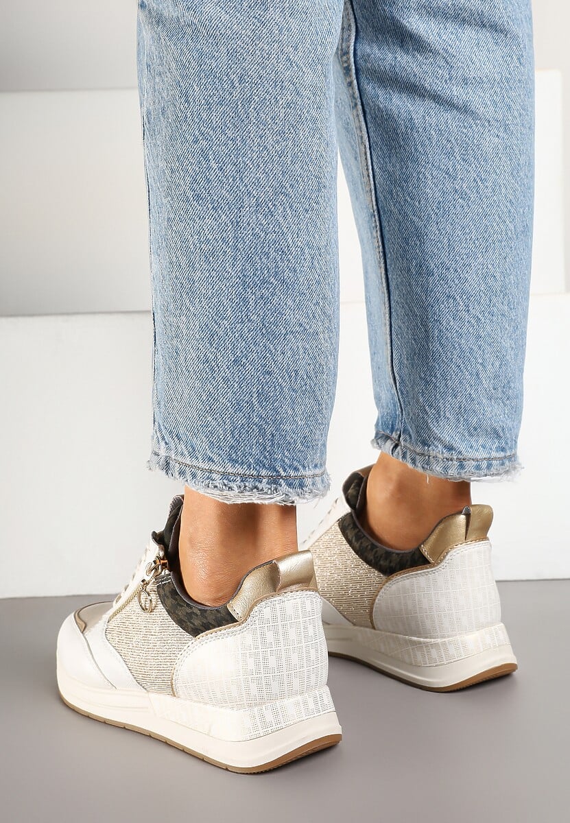 Beżowo-Złote Sneakersy z Wkładką ze Skóry Naturalnej Zdobione Suwakiem Fihanor