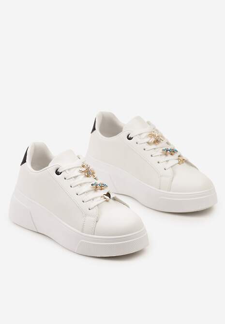 Biało-Czarne Casualowe Sneakersy na Platformie z Cyrkoniami i Zawieszkami na Sznurowadłach Timawel