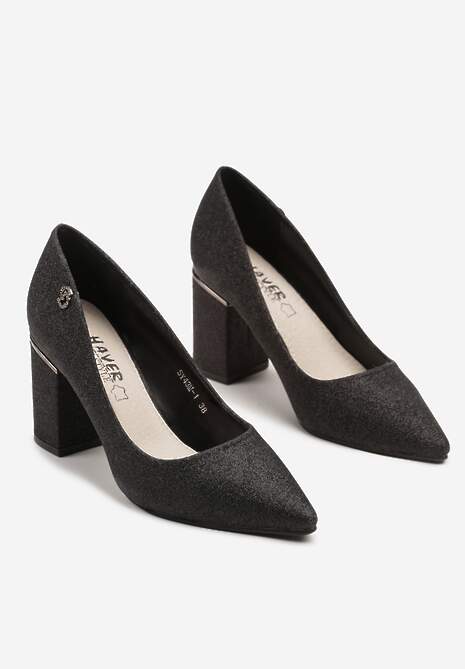 Czarno-Złote Czółenka na Słupku Zdobione Brokatem ze Skórzaną Wkładką Celanitia