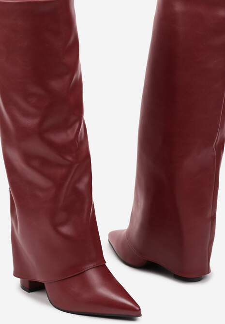 Bordowe Kozaki na Słupku Ozdobione Wywiniętą Cholewką Heslia