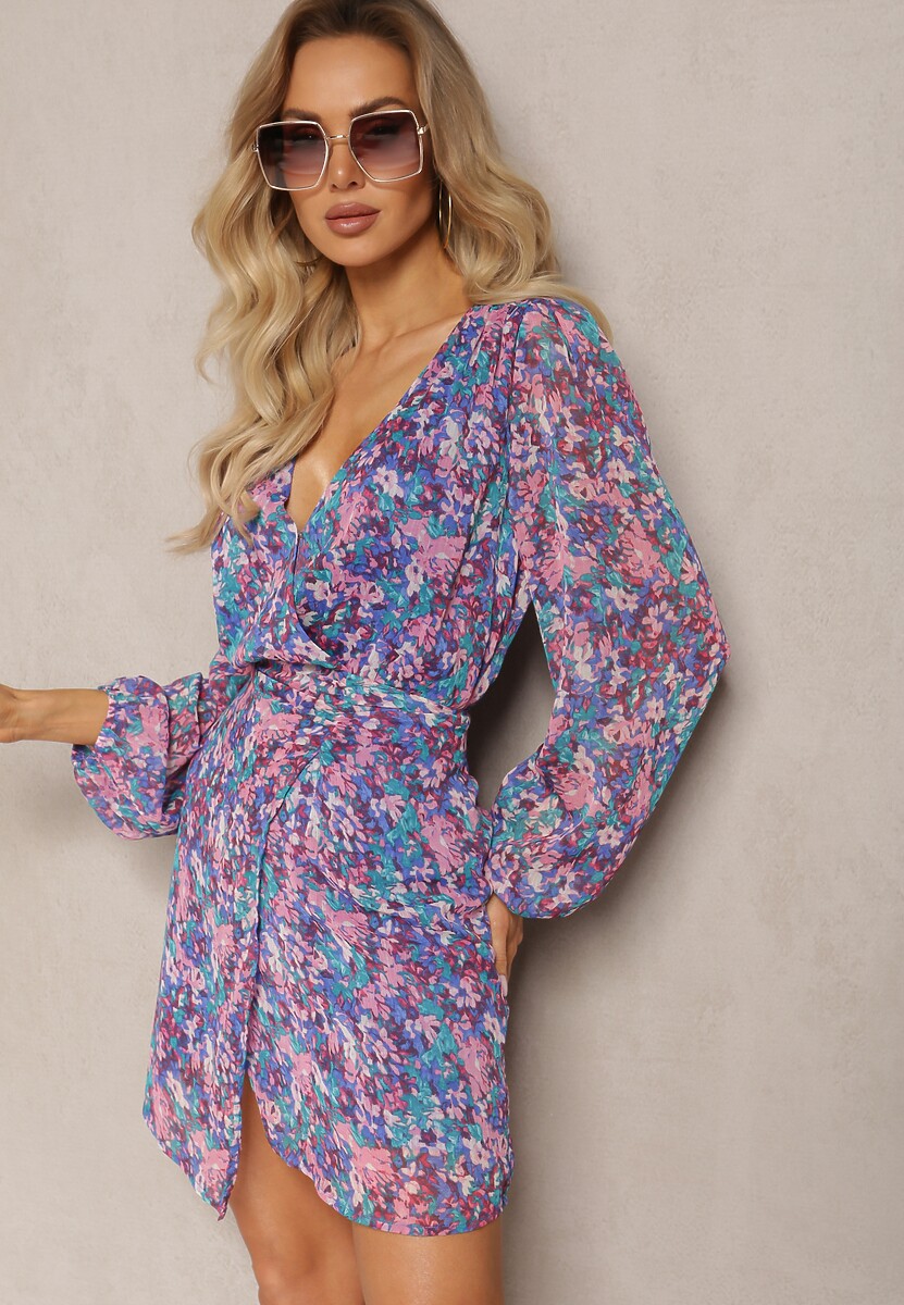 Różowo-Pomarańczowa Krótka Sukienka Kopertowa w Kwiatowy Wzór Ninora