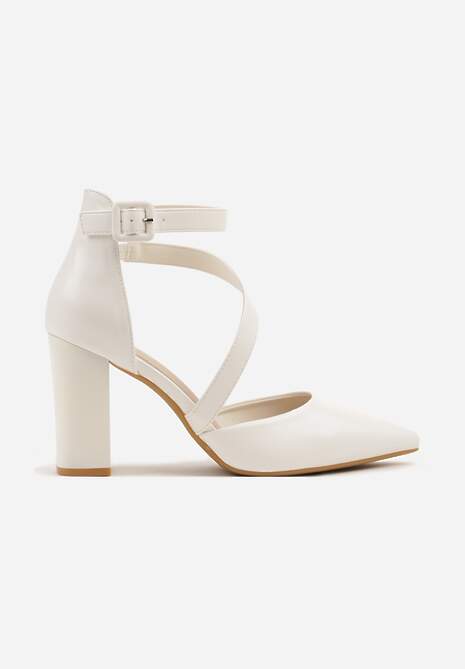 Białe Czółenka na Słupku z Wkładką ze Skóry Naturalnej Ozdobione Paskami Sopelina