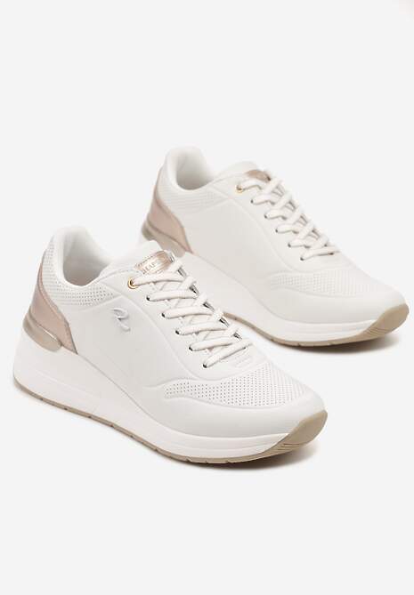 Białe Sneakersy na Koturnie Zdobione Tłoczeniami i Aplikacją Marovea