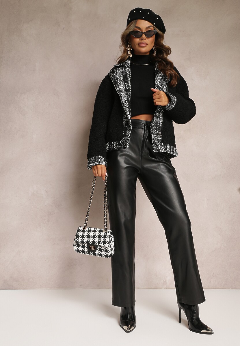 Czarna Kurtka Oversize z Futerka Baranek Lesova