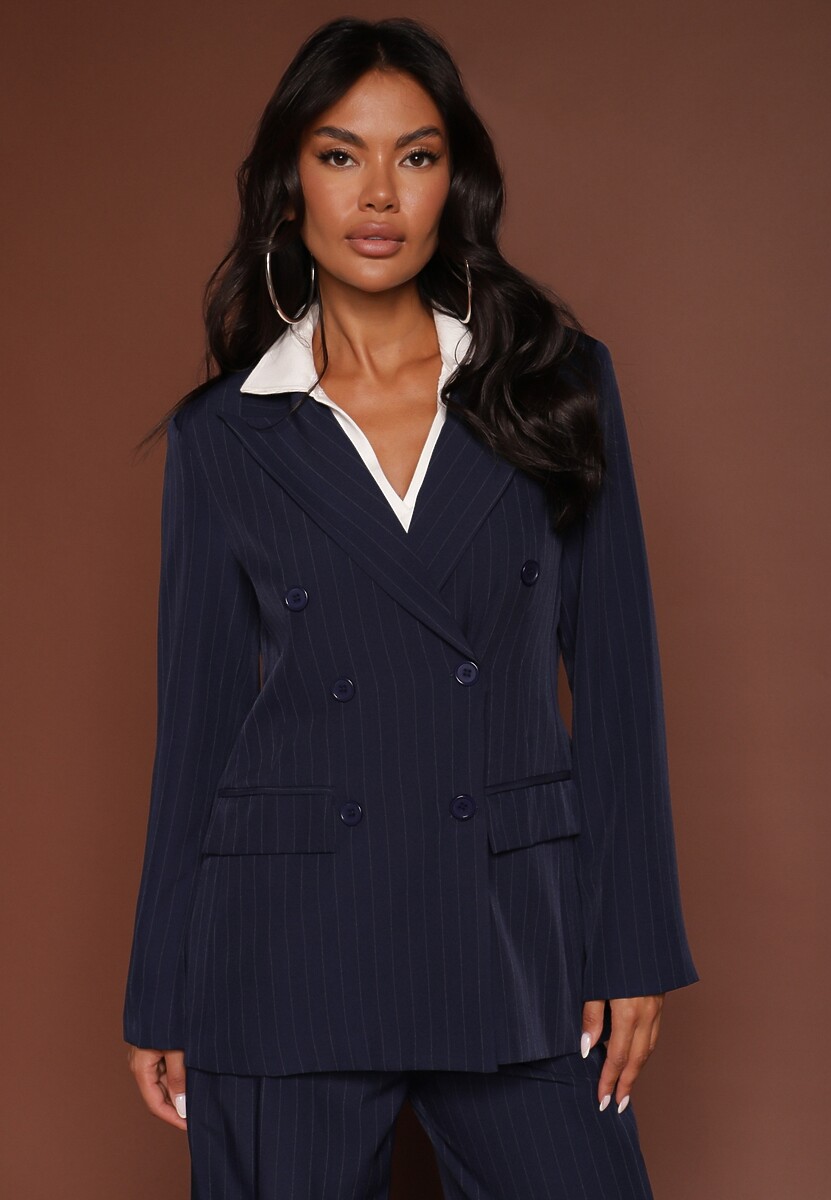 Granatowa Dwurzędowa Marynarka z Wiskozą i Usztywnianą Linią Ramion Ellirisa