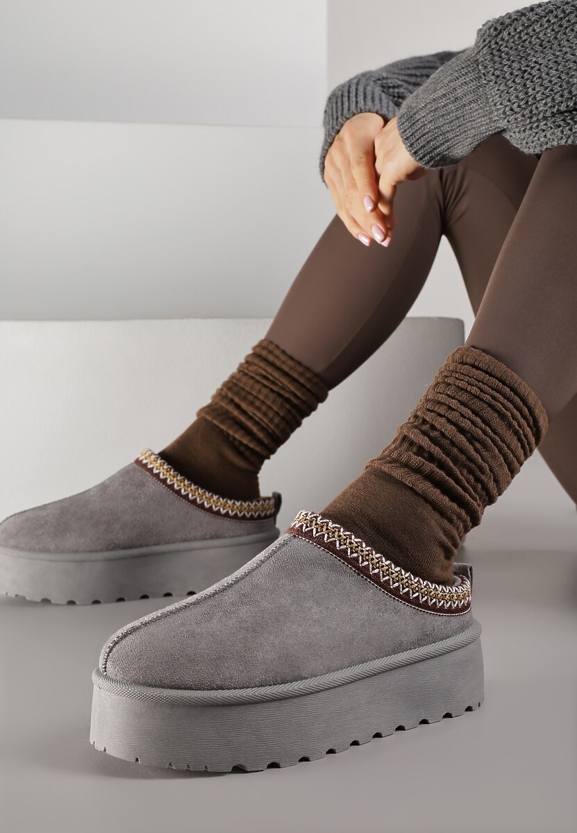 Brązowe Śniegowce na Platformie Ozdobione Haftem i Niską Cholewką Reanessa