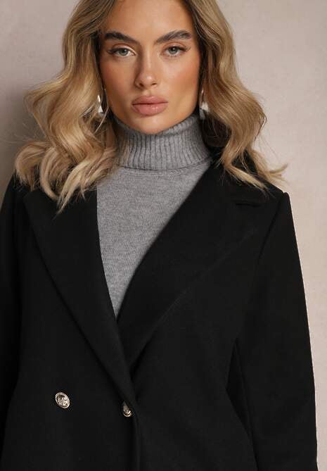 Czarny Długi Płaszcz z Biżuteryjnymi Guzikami Tudella