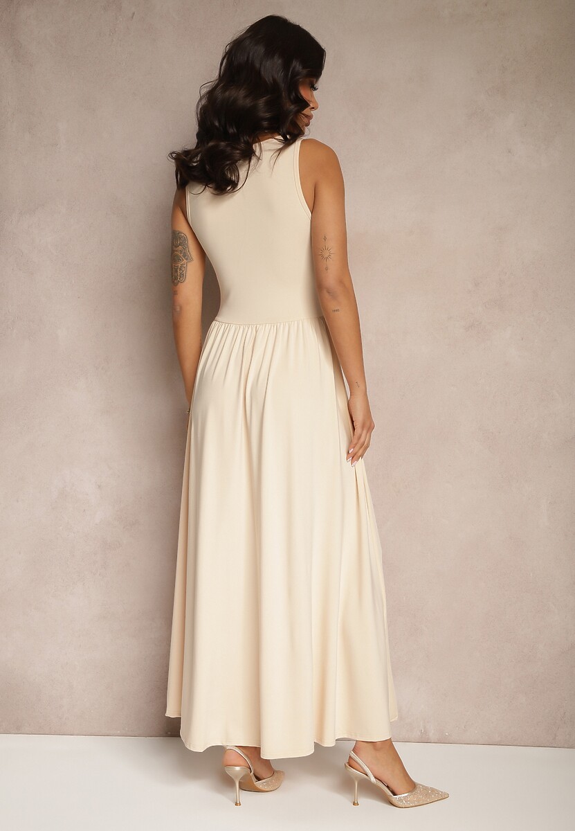 Jasnobeżowa Rozkloszowana Sukienka z Wiskozą i Kwadratowym Dekoltem Ravvia