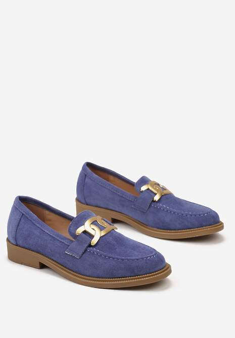 Niebieskie Mokasyny z Metalową Klamrą i Cholewką z Ekozamszu Vatile