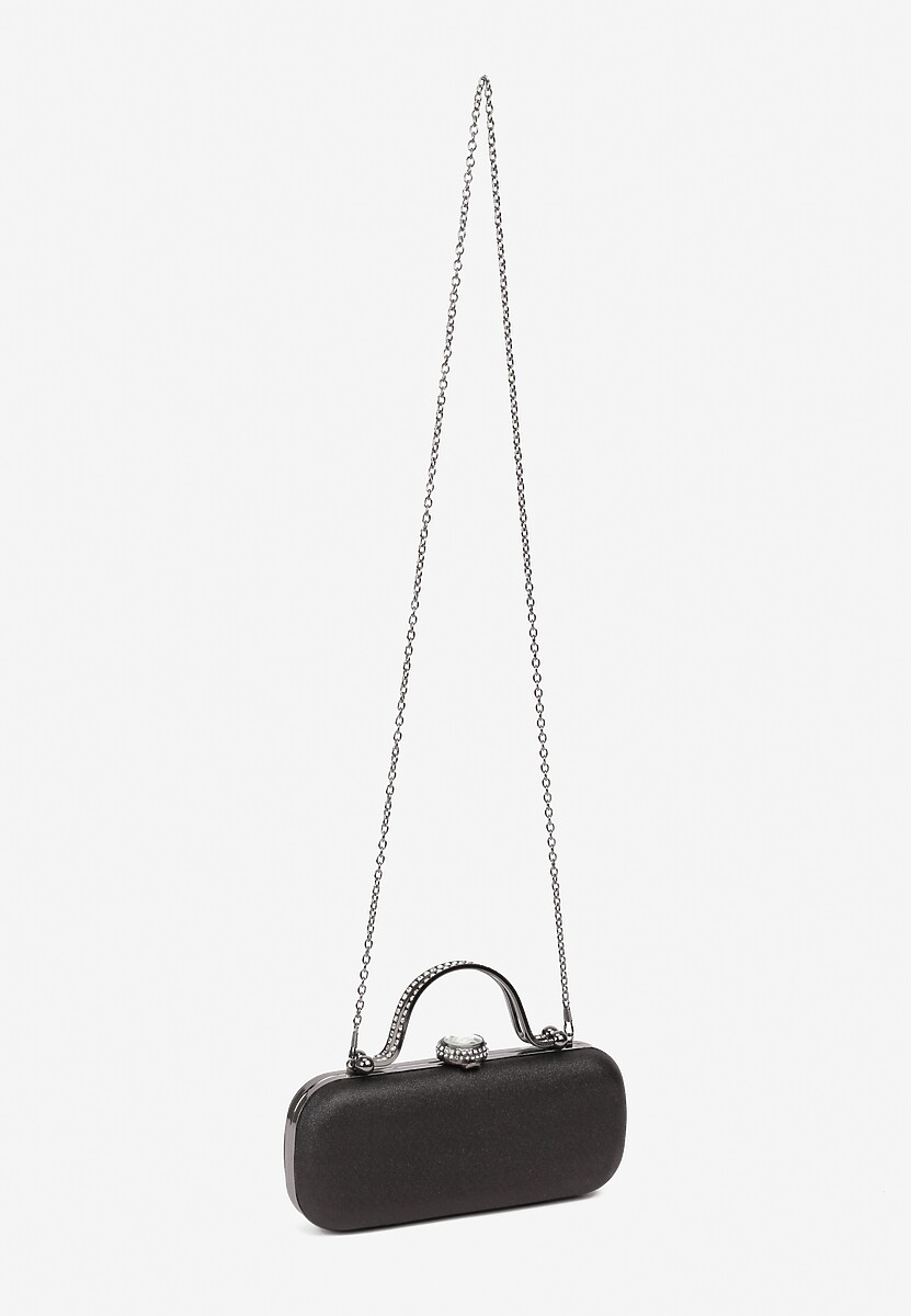 Czarna Torebka Koktajlowa Zapinana na Zatrzask z Łańcuszkiem i Rączką Ozdobiona Cyrkoniami Carsea