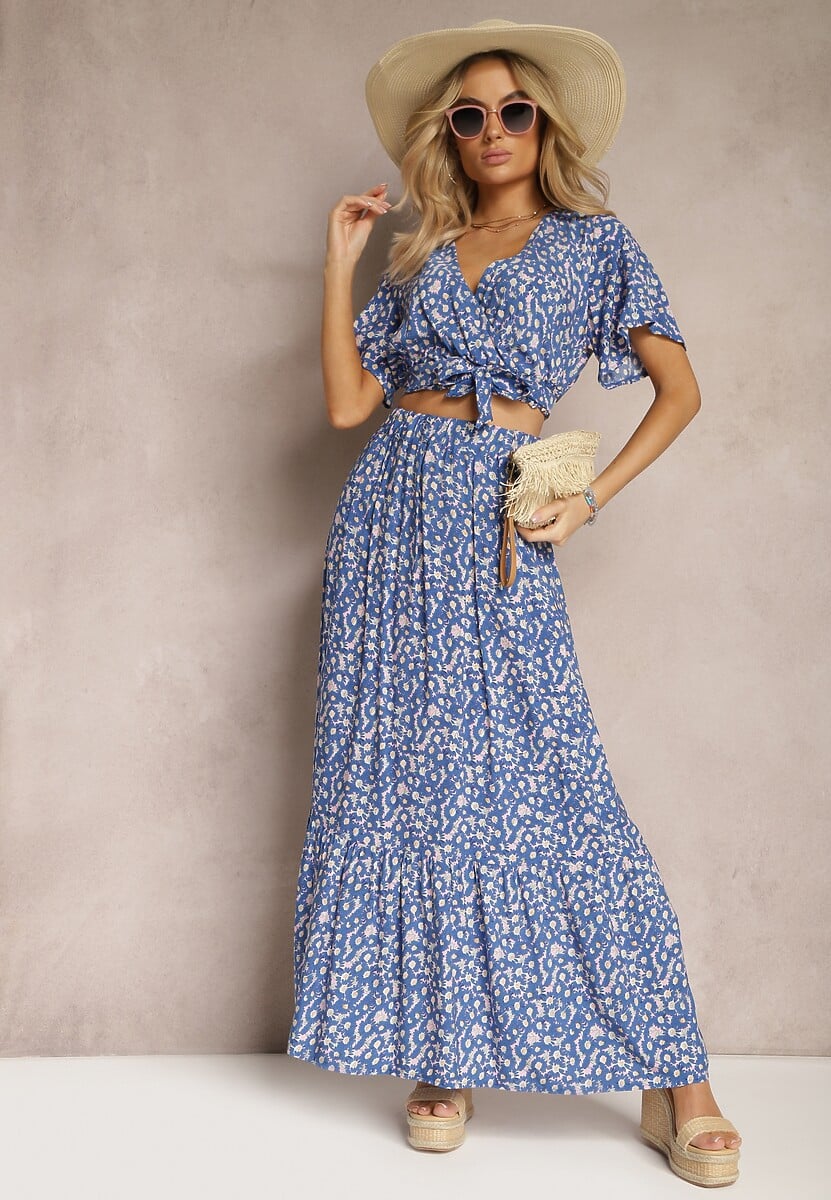 Zielony Letni Komplet z Wiskozy Długa Spódnica i Top Kopertowy z Wiązaniem Ajarde