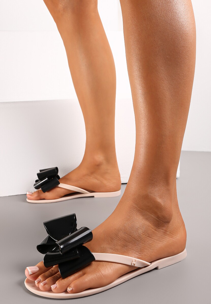 Beżowo-Czarne Płaskie Japonki z Kokardą i Okrągłym Noskiem Nelemene