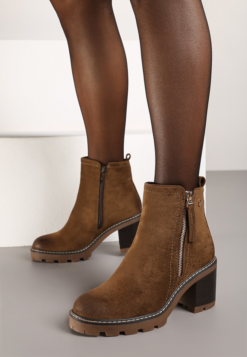 Ciemnobrązowe Botki na Słupku Boho z Suwakiem Kodra