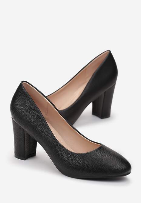 Czarne Czółenka z Okrągłym Noskiem na Słupku z Imitacji Skóry Wilnia