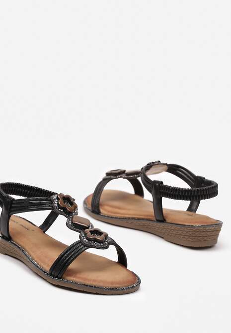 Czarne Sandały Boho z Plecionymi Paseczkami i Kryształkami Niusa