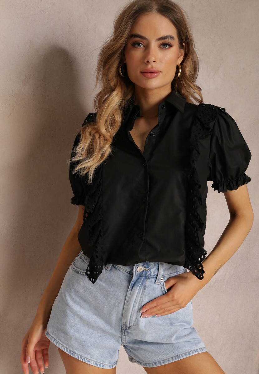 Czarna Koszula z Ozdobnymi Rękawami i Falbankami z Przodu Johna