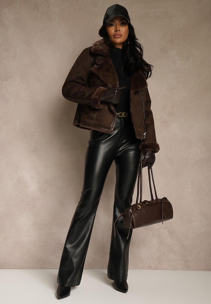 Brązowa Kurtka Biker z Imitacji Zamszu Zdobiona Futerkiem Awedora