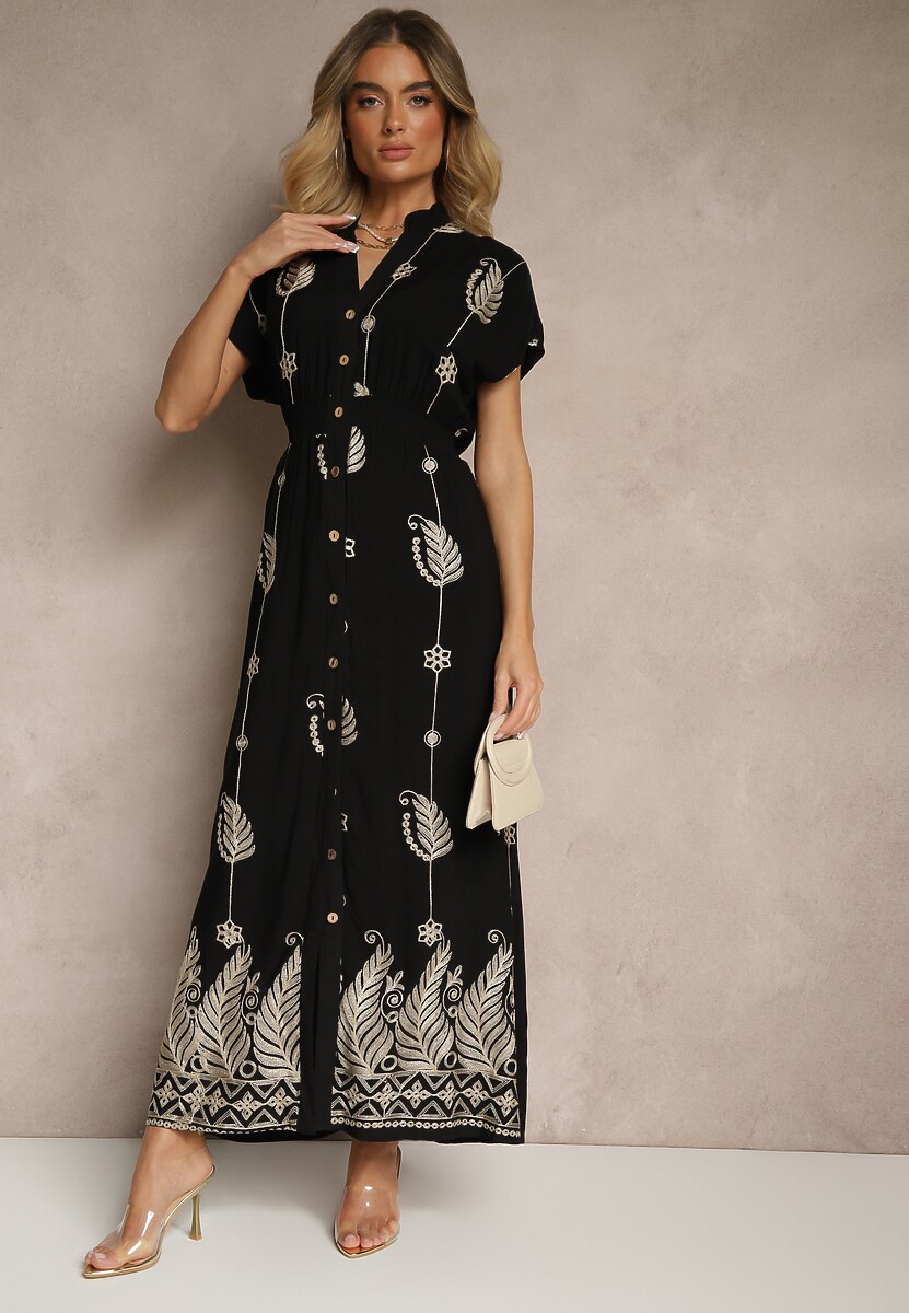 Czarna Sukienka Koszulowa z Bawełną i Metaliczną Nicią Ullio