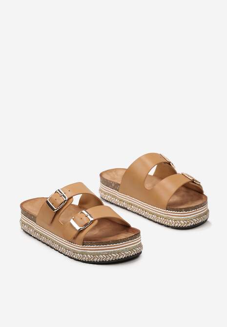 Ciemnobeżowe Klapki na Grubej Podeszwie w Paski z Regulowanymi Klamrami Ragissa