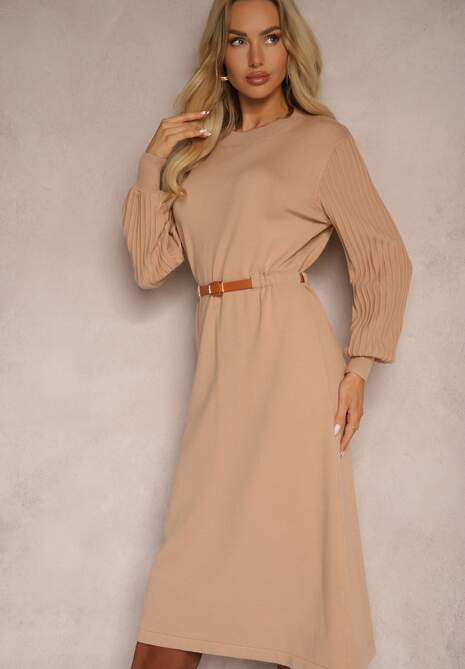 Ciemnobeżowa Sukienka z Dodatkiem Wiskozy z Paskiem i Ozdobnymi Rękawami Daiviane