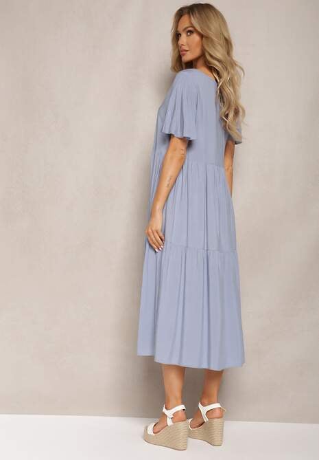 Jasnoniebieska Rozkloszowana Sukienka Midi z Bawełny z Falbanką i Krótkim Rękawem Ilenntia