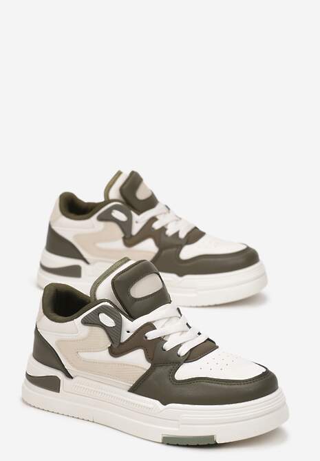 Zieloneo-Białe Sneakersy Ozdobione Wstawkami i Perforacją z Imitacji Skóry Cressia