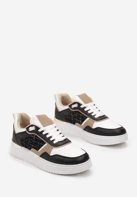 Czarne Sneakersy Ozdobione Wstawką z Tweedowego Materiału Saini