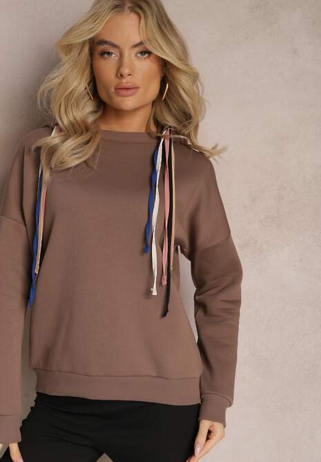 Brązowa Bawełniana Bluza z Sznurkami i Kapturem Tyche