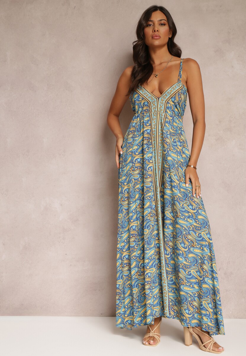 Niebieska Rozkloszowana Sukienka Maxi Wiązana na Szyi z Wiskozy z Printem Paisley Olympie