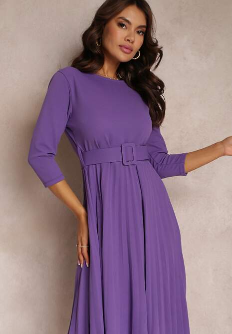 Ciemnofioletowa Sukienka Plisowana z Paskiem Valfe