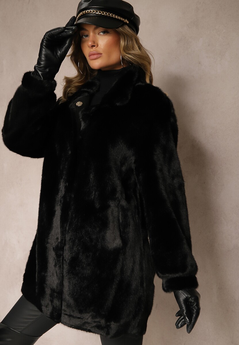 Jasnobeżowy Płaszcz z Futerka o Prostym Kroju ze Stójką i Kieszeniami Saliratia