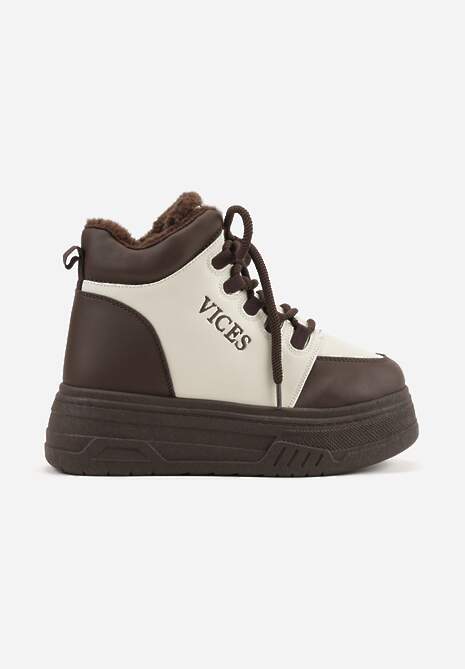 Beżowo-Brązowe Sneakersy na Grubej Podeszwie Mocno Ocieplane Futrem Leavinael