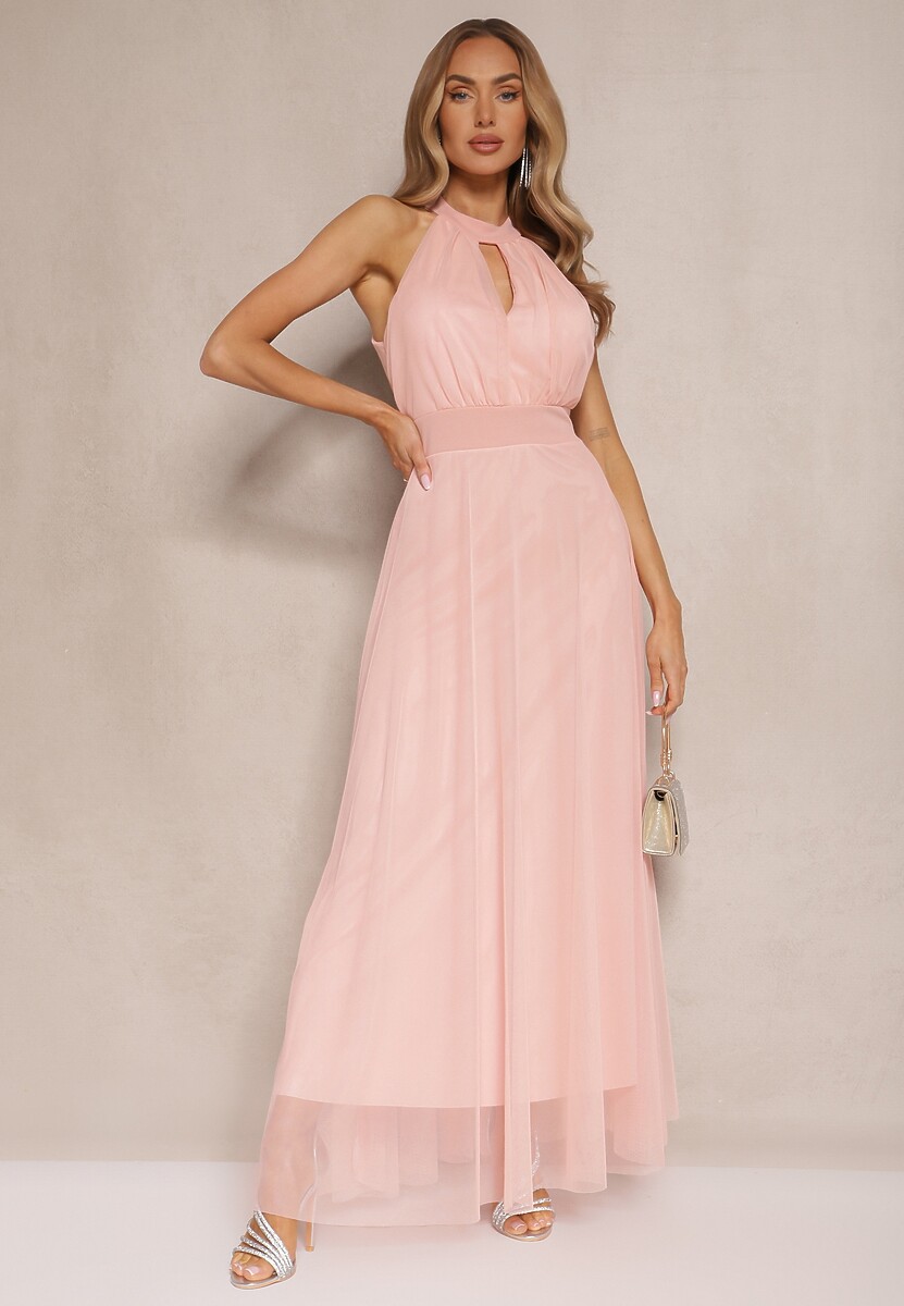 Różowa Sukienka Koktajlowa z Siateczką Wiązana Materiałowym Paskiem ze Stójką Nestassi