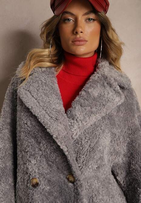 Szara Futrzana Kurtka Typu Baranek z Ozdobnymi Paskami i Dwurzędowym Zapięciem Nikira