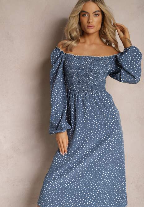 Granatowa Midi Sukienka Rozkloszowana w Kropki Gernia