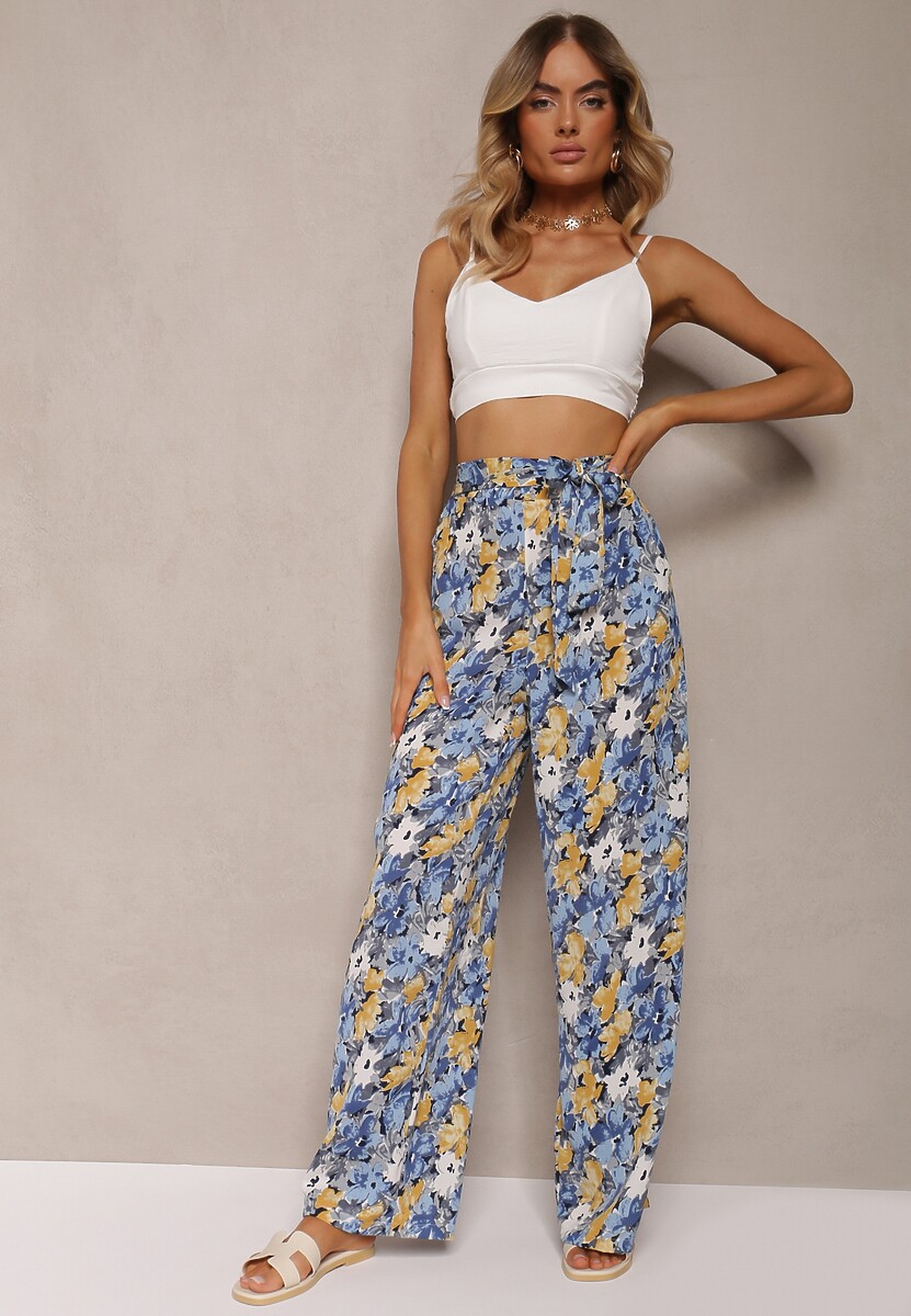 Niebieskie Długie Spodnie z Szerokimi Nogawkami oraz Kieszeniami i Materiałowym Paskiem Omina