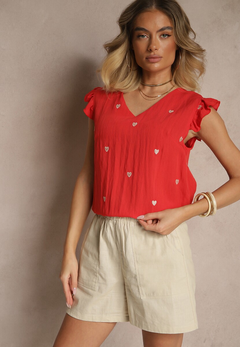 Czarna Wiskozowa Bluzka Top z Wyhaftowanymi Serduszkami i Falbankami Darwilla