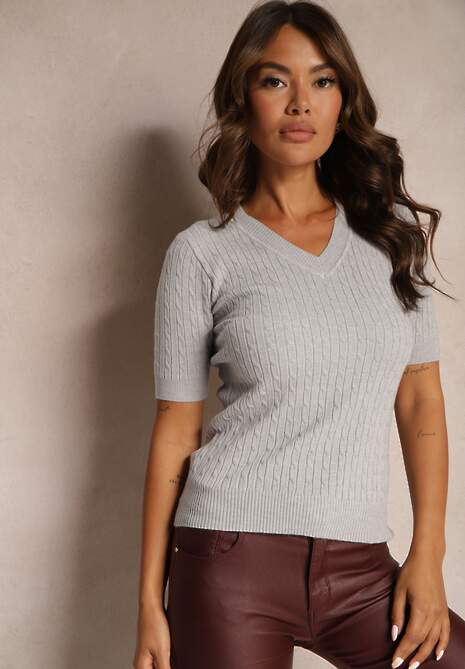 Szara Bluzka Dzianinowa z Dekoltem w V Ciathara