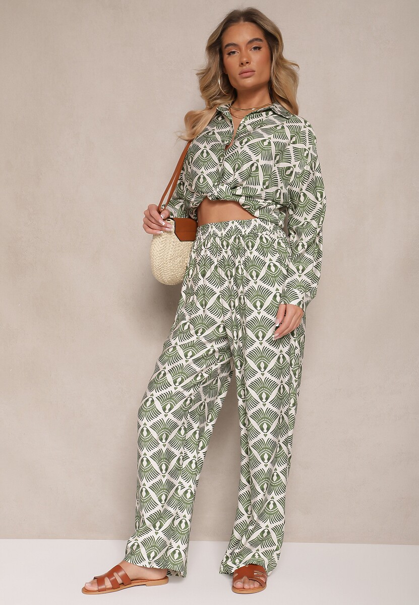 Zielony Komplet z Wiskozy Koszula i Spodnie w Ornamentalny Print Desanelia