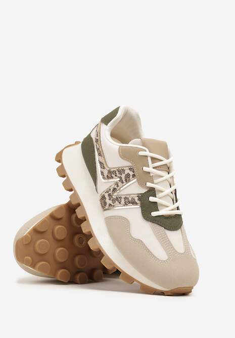 Beżowo-Zoelone Sneakersy Ozdobione Geometrycznym Motywem w Panterkę Annerie