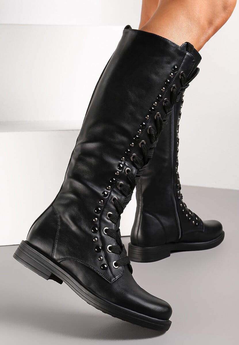 Czarne Kozaki Muszkieterki ze Sznurowaniem Noko