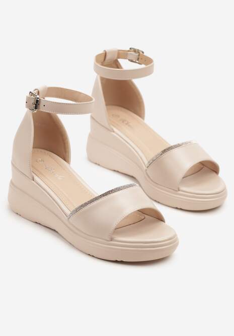 Beżowe Sandały na Koturnie Ozdobione Cyrkoniami Tiafine
