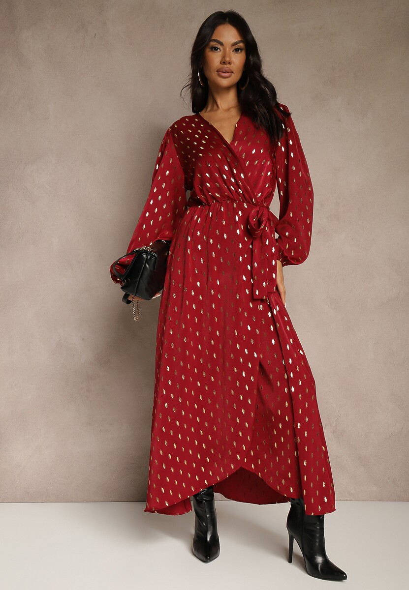 Bordowa Wiązana Sukienka o Kopertowym Kroju Zdobiona Metalicznym Printem Reinora